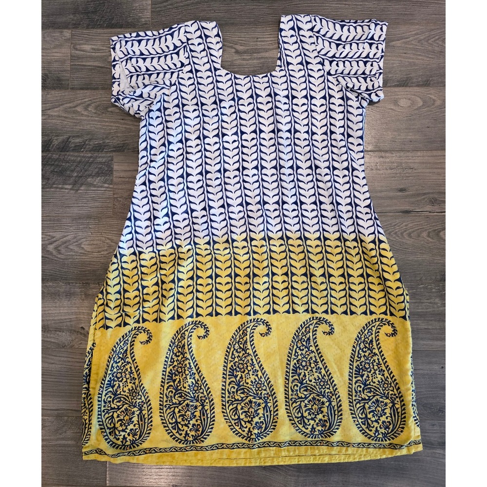 Women's Yellow Navy Blue Paisley Print Short Sleeve Tunic Dress Beaded Accent